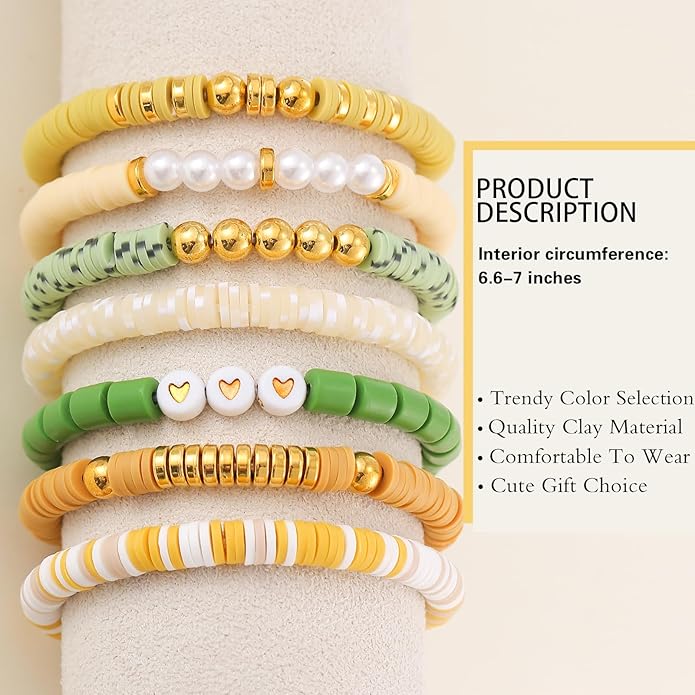 Friendship Bracelets Trendy Heishi Clay Bead Bracelets Stack Gold Beaded Stretch Bracelets for Women Boho Stackable Bracelets Bulk Cute Preppy Jewelry