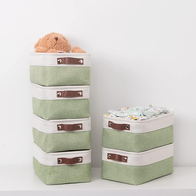 HNZIGE Collapsible Storage Baskets for Shelves(6pack) Small Fabric Bins with Handles, Linen Baskets Organizer Bins for Organizing Closet Nursery Home Shelves(White&Green, 11.8" x 7.8" x 5.1")