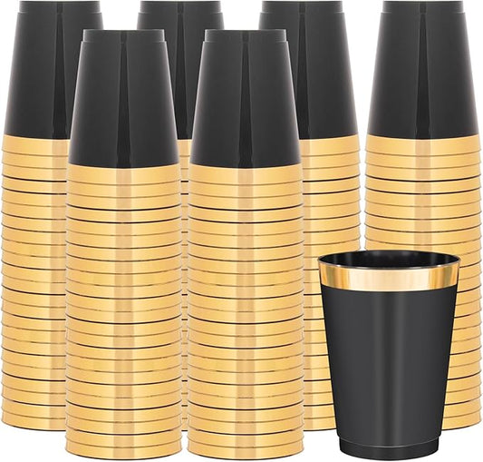 supernal 200pcs Black Plastic Cups 10oz – Disposable Cups with Gold Rim, Premium Black and Gold Plastic Cup, Disposable Cocktail for Wedding, Birthday, Halloween, Christmas & Thanksgiving Parties