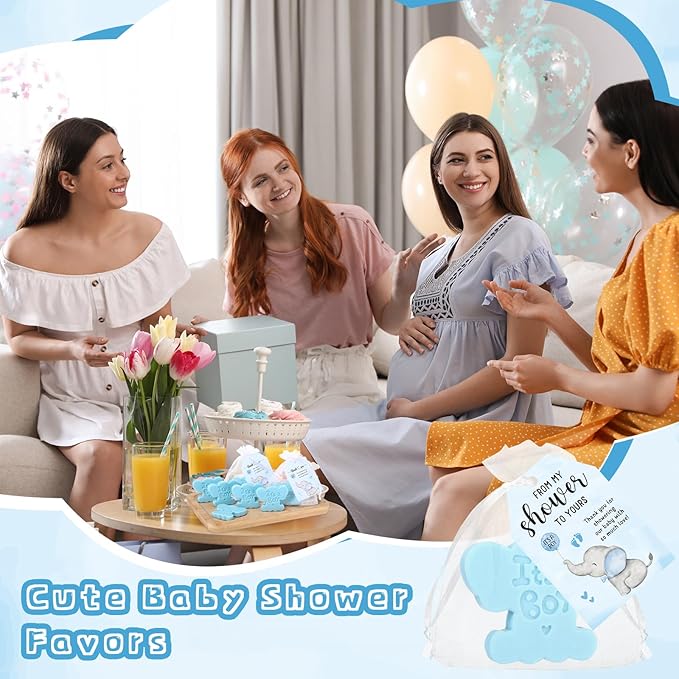 50 Sets Baby Shower Soap Favors for Guests Boy Girl Mini Handmade Scented Soaps with Thank You Tags and Organza Bags for Shower Gender Reveal Party Favors(It's A Boy,Blue Elephant)