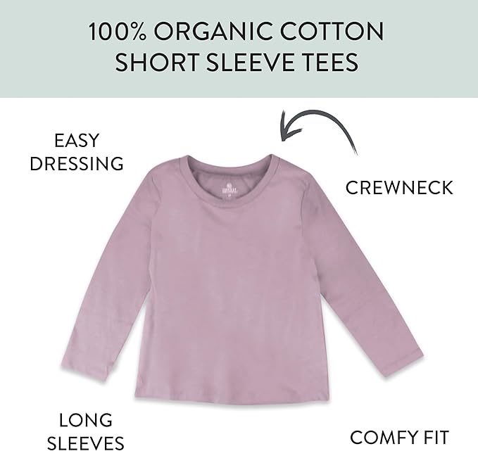 HonestBaby 5-Pack Long Sleeve T Shirts 100% Organic Cotton for Toddler, Little Kids Boys, Girls