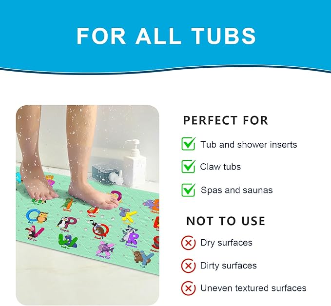 XIYUNTE Baby Bath Mat for Tub Non Slip Kids Bath Mat - 40''x16'' Extra Long Cartoon Baby Bath Tub Mat Eco-Friendly Toddler Bath Mats with Suction Cups, Easy to Clean & Easy Drying, Alphabet(Green)
