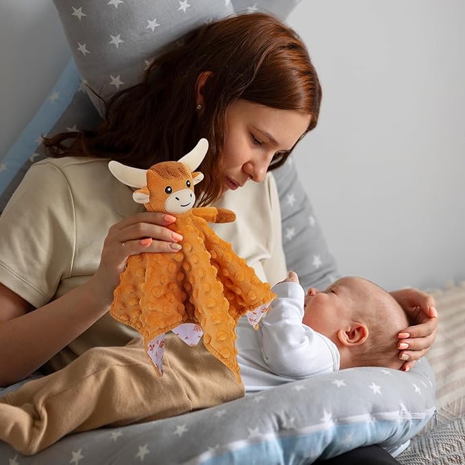Loveys for Babies,Soft Baby Security Blanket for Newborn Infant Toddler Snuggle Toy Stuffed Animal,Lovey Highland Cow Security Blankets Baby Unisex Gifts(Brown Highland Cow,12.2in)