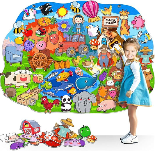 SKOLESK 77 Pcs Farm Animals Felt Story Board Set Preschool Farmhouse Themed Early Learning Storytelling Flannel Board Interactive Educational Play Kit Mat for Toddlers Kids 41x29 inch