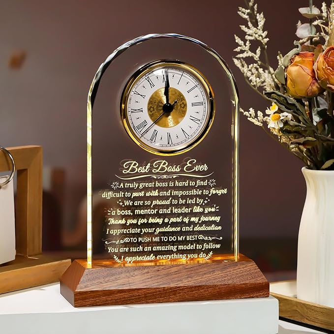 Glass Clock Best Boss Ever Gifts for Women with Wooden LED Light Base, Personalized Appreciation Gift for Men, Retirement Clock for Lady Boss Going Away, Boss's Day Gift Idea for Office Desk Clock
