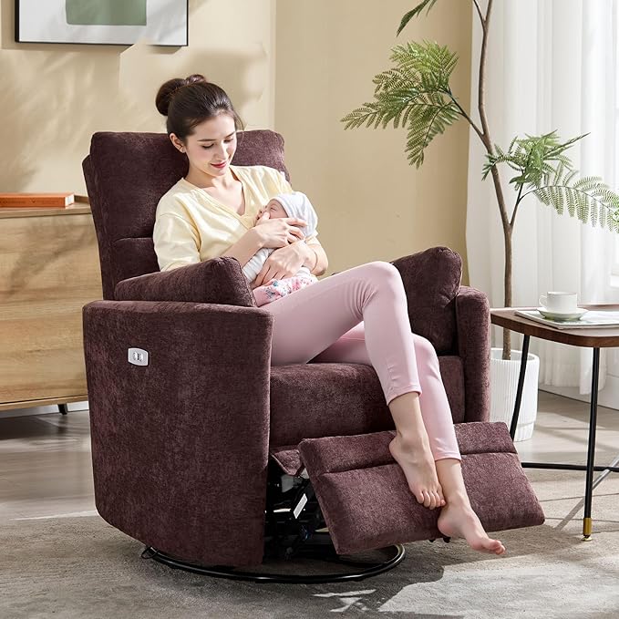 Power Swivel Glider Rocking Recliner,Electric Recliner Upholstered Nursery Chair Adult Rocking Chair with 2 Pillows for Living Room Bedroom(Coffee, Power-Driven)