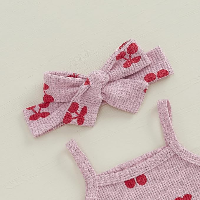 Kaipiclos Cherry Baby Outfit Newborn Infant Girl Clothes Rib Knit Romper & Shorts Waffled Baby Clothes for Girls 0 3 6 12 18M