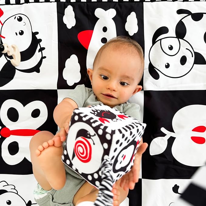 QUOKKA Padded Baby Mat for Floor Tummy Time - Super Soft Black&White Play Mat for Kids Toddlers & Infants - 6 Toys | Thick Pad | Machine Washable | Black White Colors for Vision Development