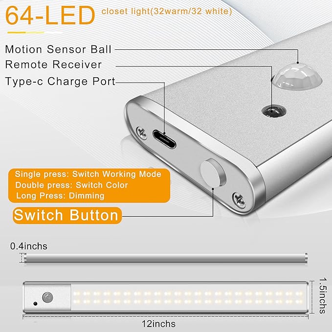 Diomart 3 Pack Under Cabinet Lights Wireless, 64 LEDs Dimmable Motion Sensor Closet Lights with Remote, Rechargeable Under Counter Lights for Kitchen, Wardrobe, Hallway, Stairs, 3 Color Temperatures