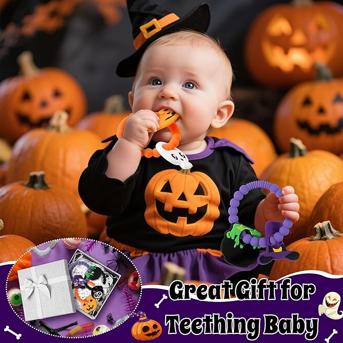 Silicone Teether Toys for Babies - 3Pcs Halloween Themed Teething Ring, Pumpkin Skull Baby Sensory Chew Toys with Rattles for Newborn Boy and Girl to Soothe Sore Gums, Baby Shower Birthday Gifts
