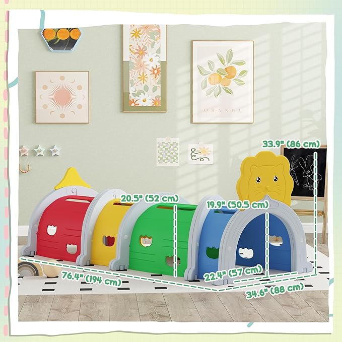 Qaba Lion Tunnel, Toddler Tunnel for Kids Crawl and Climb Through, Kids' Play Structure Indoor Outdoor, 4 Sections, Multicolored