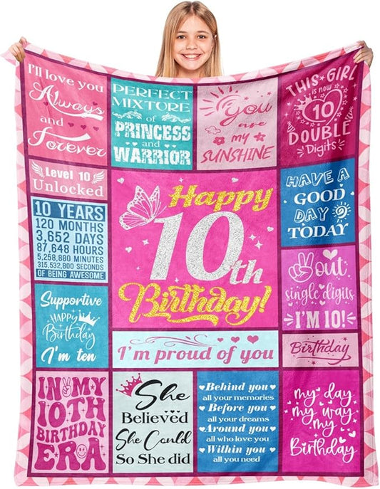 10 Year Old Girl Birthday Gifts, Gifts for 10 Year Old Girl, 10 Year Old Girl Gifts, Birthday Gift for 10 Year Old Girl, 10th Birthday Decorations for Girl, Double Digits Birthday Girl Blanket 50"X60"