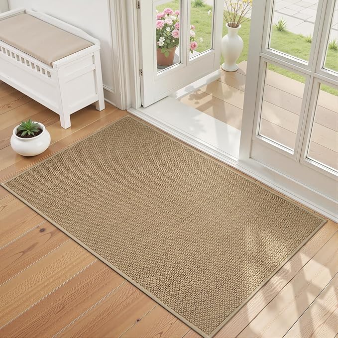 Wonnitar Washable Door Mat Indoor Entrance, 2x3 Braided Rugs Rubber Backed Kitchen Mats for Floor, Woven Neutral Rug Absorbent Non Slip Bathroom Rugs Floor Carpet for Front Door Kitchen(Beige,2'x3')
