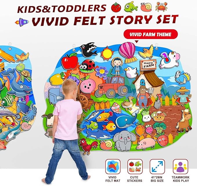 SKOLESK 77 Pcs Farm Animals Felt Story Board Set Preschool Farmhouse Themed Early Learning Storytelling Flannel Board Interactive Educational Play Kit Mat for Toddlers Kids 41x29 inch