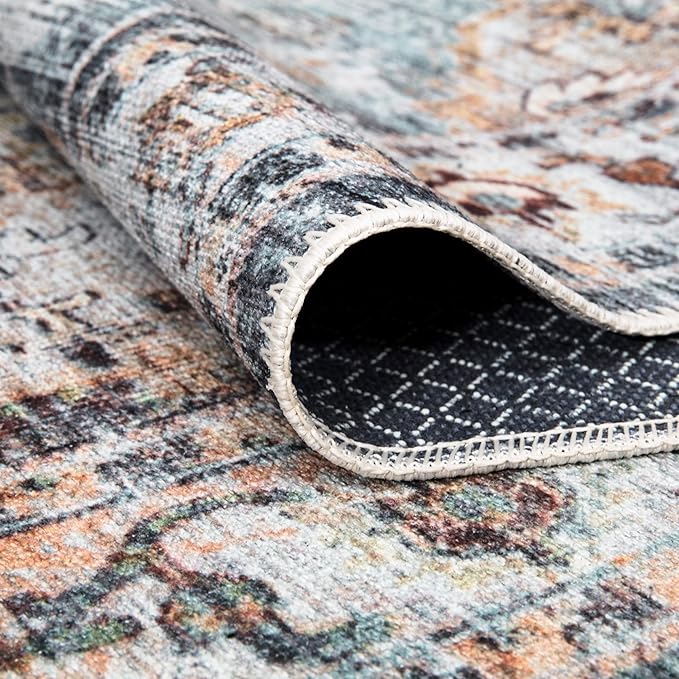 Bloom Rugs Washable Non-Slip 7 ft Runner - Teal/Peach Traditional Runner for Entryway, Hallway, Bathroom, and Kitchen - Exact Size: 2.5' x 7'