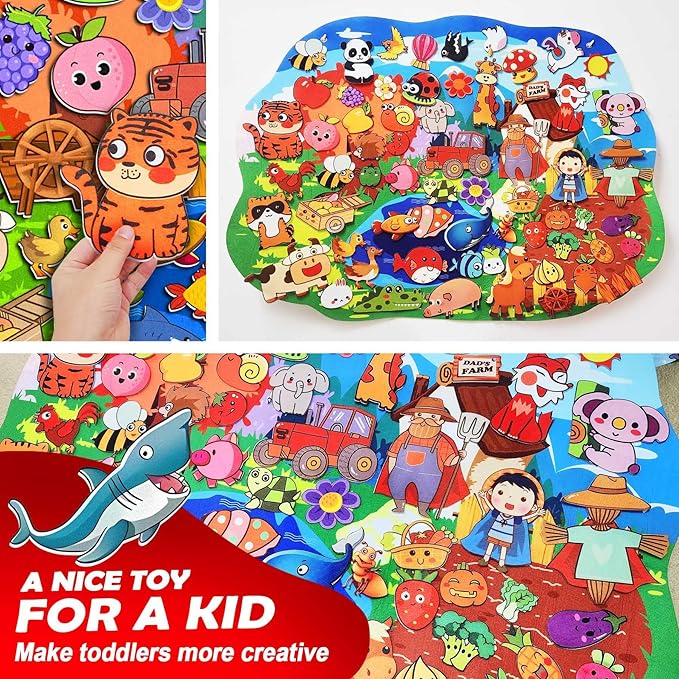 SKOLESK 77 Pcs Farm Animals Felt Story Board Set Preschool Farmhouse Themed Early Learning Storytelling Flannel Board Interactive Educational Play Kit Mat for Toddlers Kids 41x29 inch