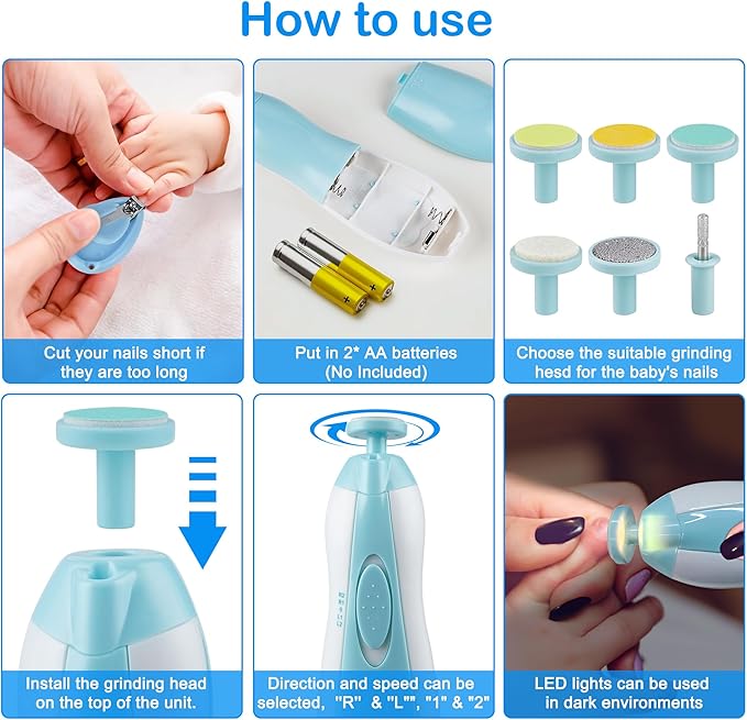 OTTOLIVES Baby Nail Trimmer Electric Newborn Toddler, Safe Baby Nail Clippers Set with Light and 6 Replacement Heads, Baby Nail File Trim Polish Toes Fingernails Care Infant Essentials (Blue)