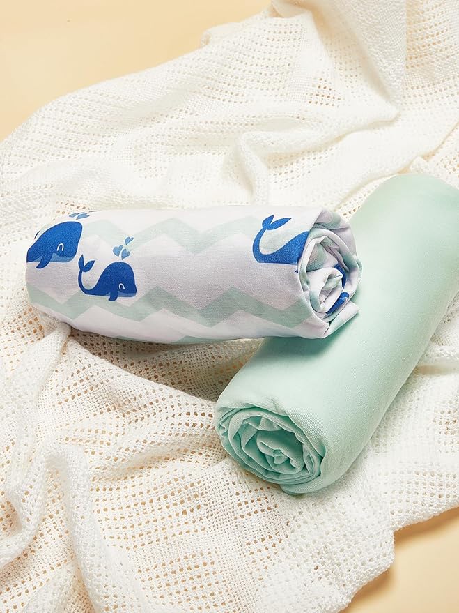 TILLYOU Baby Crib Sheets for Boys Girls, Super Soft Toddler Bed Sheets, 2 Pack Sheets for Standard Crib Mattress 28x52in, Navy Whale and Light Green