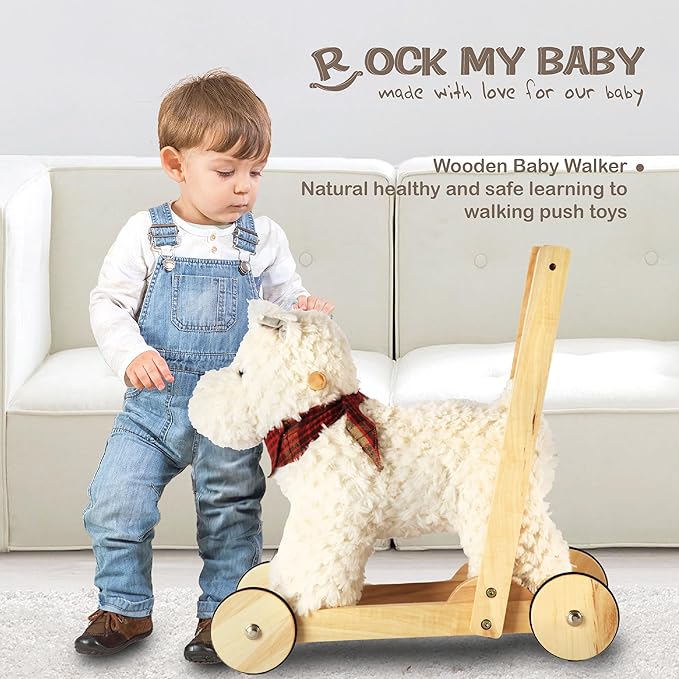 Wooden Baby Walker, 2-in-1 Baby Push Walker & Ride On Toy for Toddlers 12M+, Learning to Walk Toy with Sweet Music, Soft Cuddly Dog Toy for Boys Girls (Scottie Dog) CPC Certified