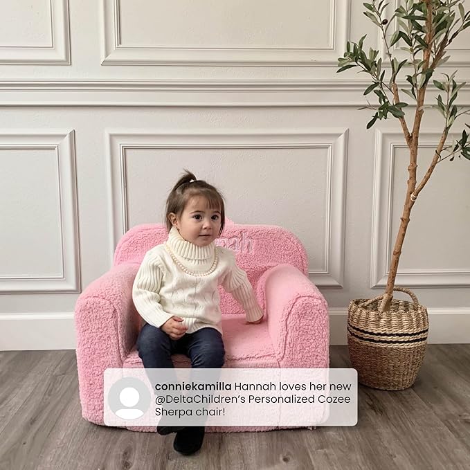 Delta Children Cozee Sherpa Chair – Customize with Name – Foam Kids Chair for Ages 18 Months and Up, Cream