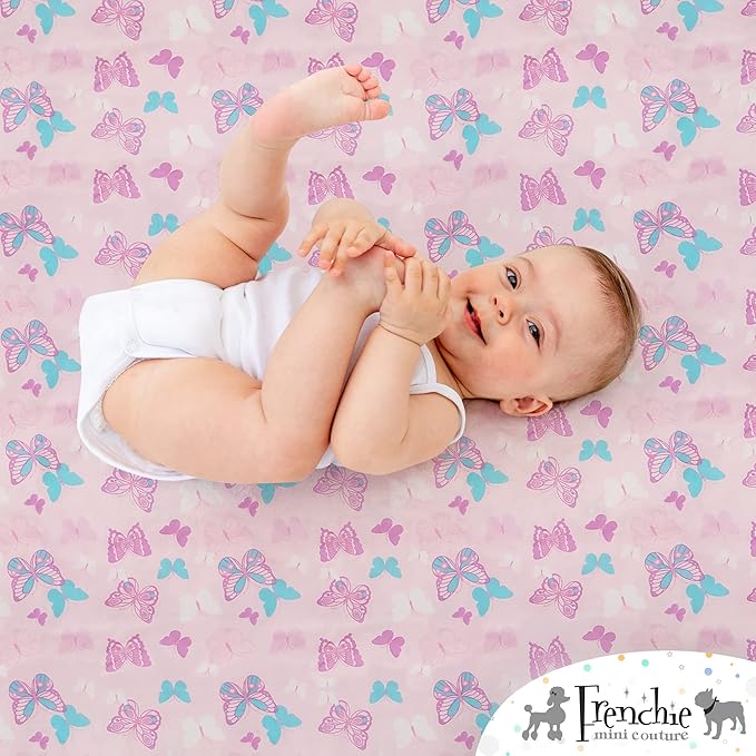 Fitted Crib Sheet Single, 100% Woven Cotton, Toddler Fitted Sheet, Fits Standard Size Baby Mattress 28 x 52 x 8in, Butterfly (Pink)