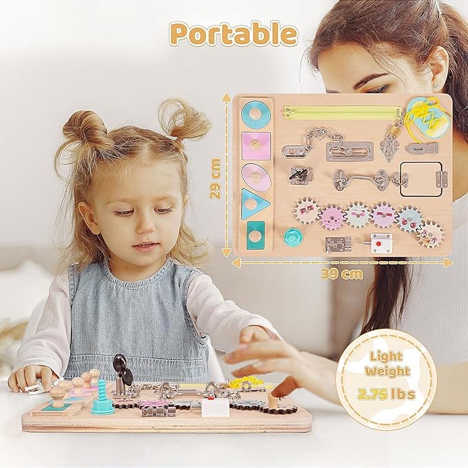 Toddler Wooden Busy Board, Montessori Activity Pad for Kids, Sensory Fidget Board for Children, Preschool Educational Activities Pad Toy.