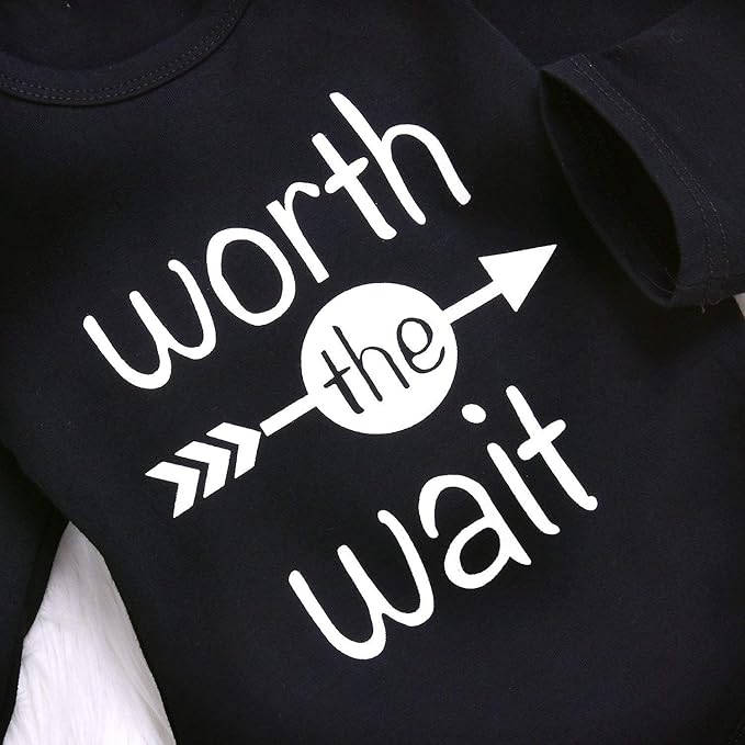 Baby Unisex Worth The Wait Arrow Printed Romper Striped Pant Hat Outfit Clothes (Black, Newborn)