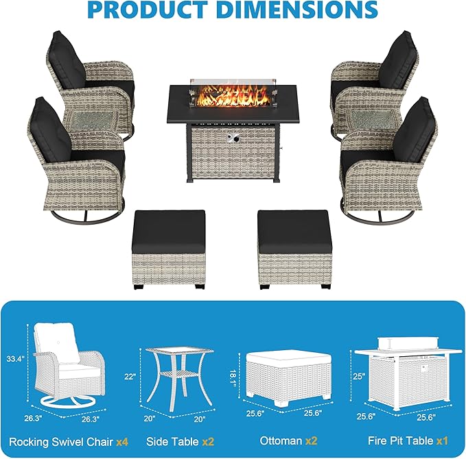 9-Piece Small Patio Furniture Set, Outdoor Swivel Rocking Chairs Set with 55,000 BTU Fire Pit Table Wicker Chairs and Ottomans, Patio Bistro Set for Balcony, Deck, Porch, Black