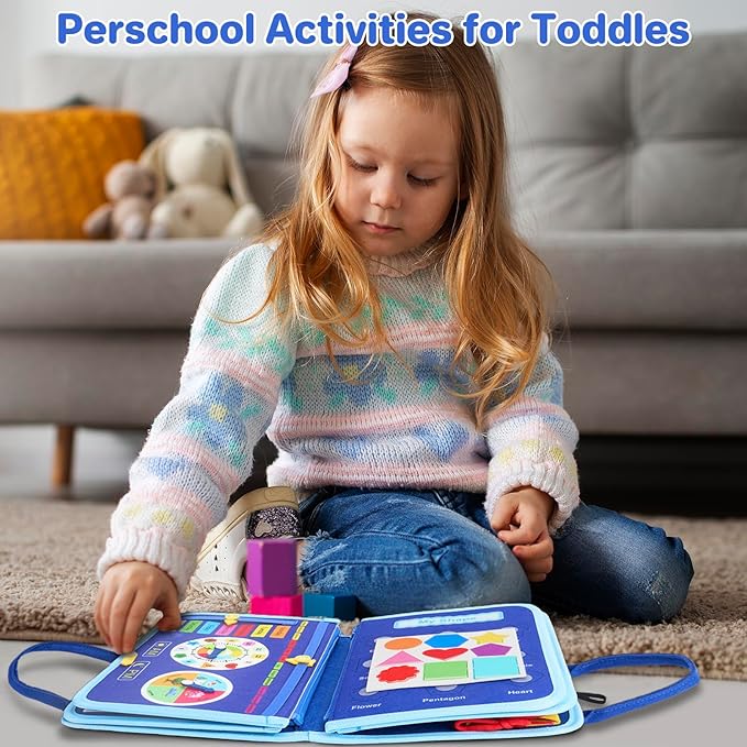 Toddler Busy Board Montessori Toys, Sensory Toys for 1 2 3 4 Year Old Boy, Busy Book Travel Educational Activities for Learning Fine Motor Skills Birthday Gifts (Blue Dinosaur/P10)