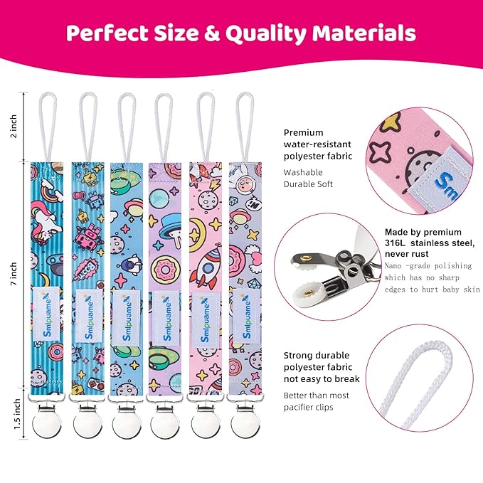 Smlpuame Pacifier Clip Girl,6 Pack Stylish Binky Clips Strap for Baby Girls,Paci Holder with Metal Clip Lightweight Universal Fits Most Pacifiers Teether Toy Soothie,Baby Gift(Travel in Space)