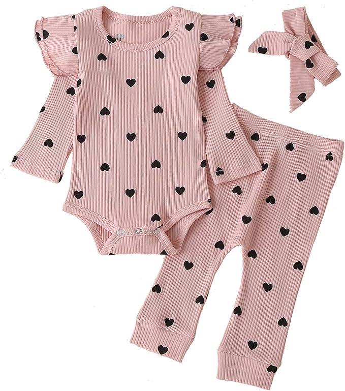 Fullfamous Baby Girl's 3pc Rib Frill Long Sleeve Romper and Pant Set