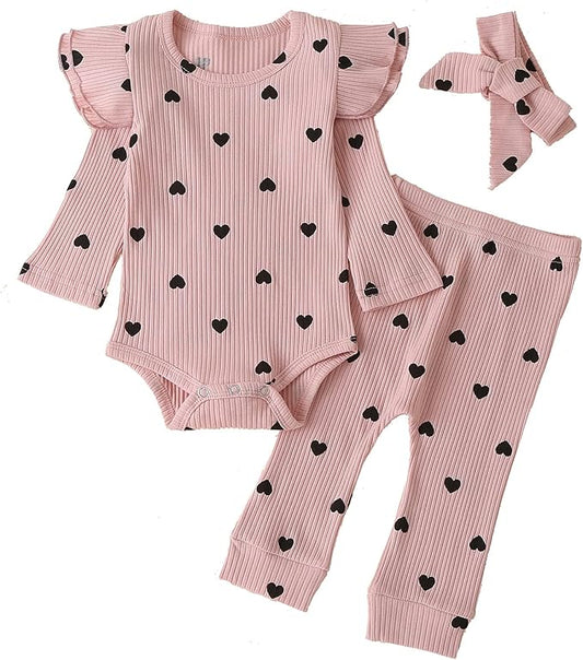 Fullfamous Baby Girl's 3pc Rib Frill Long Sleeve Romper and Pant Set