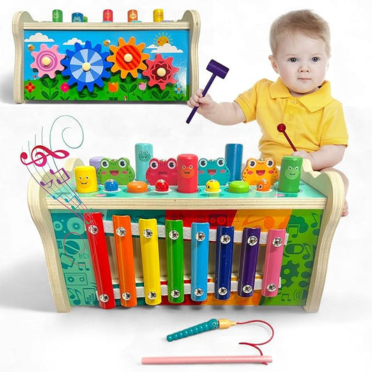 Montessori Wooden Hammering Toy – 6-in-1 Xylophone, Pound Bench, Shape Sorter & Learning Tool for Toddlers | Educational Musical Toy for Boys & Girls Ages 1–5 | Develops Motor Skills & Sensory Play
