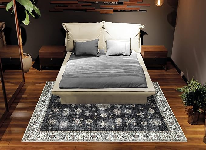 Bloom Rugs Washable Non-Slip 3' x 5' Rug - Black/Ivory Traditional Area Rug for Living Room, Bedroom, Dining Room, and Kitchen - Exact Size: 3' x 5'