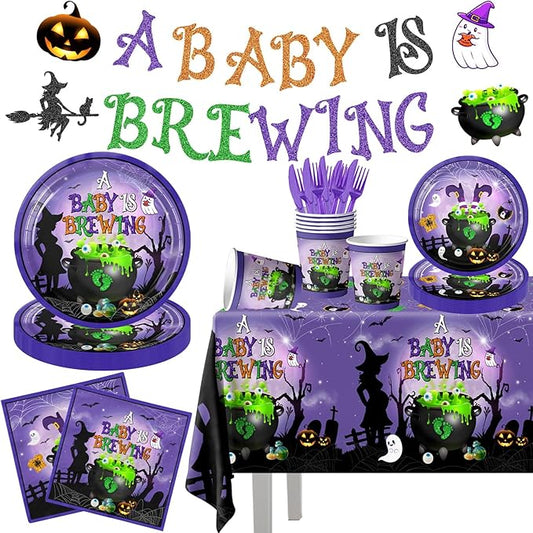 Halloween Baby Shower Decorations-142pcs A Baby is Brewing Halloween Tableware Include Plates, Napkins, Cups, Banner and Tablecloth for Boy Girl Gender Reveal Party Supplies