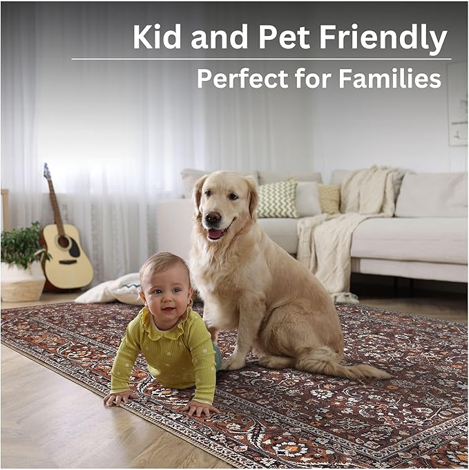 Bloom Rugs Washable Non-Slip 9' x 12' Rug - Dark Brown/Orange Traditional Bordered Area Rug for Living Room, Bedroom, Dining Room, and Kitchen - Exact Size: 9' x 12'
