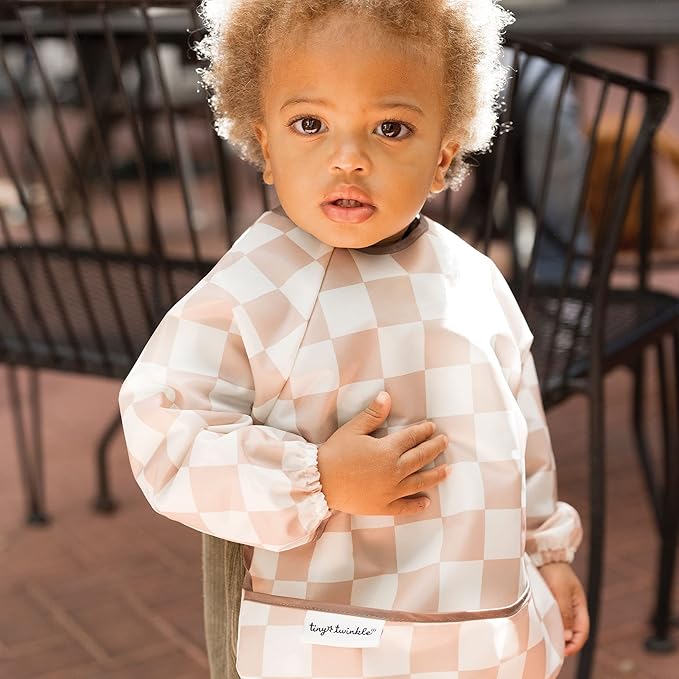 Tiny Twinkle Mess Proof Baby Bib,Waterproof Smock Baby Bib for Eating,Machine Washable Long Sleeve Bib,Baby Led Weaning,Toddler Bib,BLW Supplies(Checkers Brown, Small 6-24 Months)