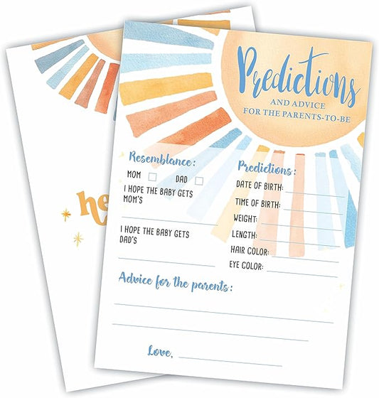 Retro Sunshine Baby Shower Baby Predictions & Advice Game Set - Watercolor Sun Theme Baby Shower Game Kit, Gender Reveal, Baby Announcement Party Favor & Supplies - A01