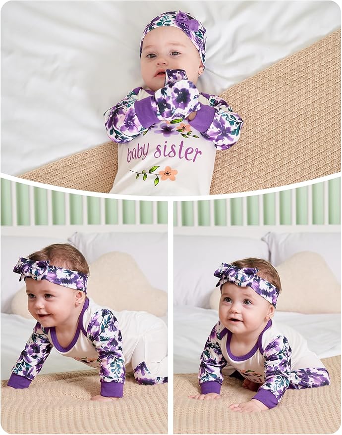 Baby Girl Clothes Patter&Letter Baby Girl Romper with Bow Hat&Headband and Gloves 4Pcs Baby Girl Coming Home Outfit