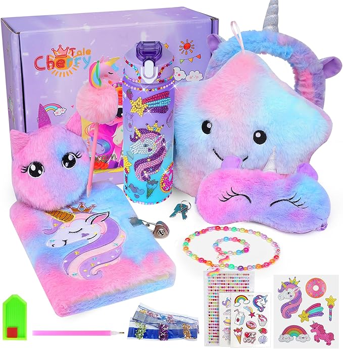 Cherry Tale Unicorn Toys Gifts for Girls 4-6 7 8 9 10 Years Old, Girls Birthday Gifts Set with Light Up Star Pillow Diary Plush DIY Water Bottle Kits, for Daughter Niece Christmas