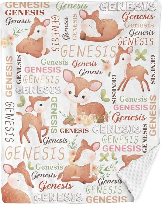 Personalized Baby Blanket for Girls Deer Custom Baby Blankets with Name Dotted Backing Customized Gifts for New Mom Customize Baby Blanket for Kids Newborn Birthday