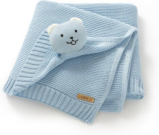 LAWKUL Baby Blanket Bear Lovey Soft Plush Security Blanket for Newborns Infants Boy Girl Knit Snuggle Comfort Blue 40x30in