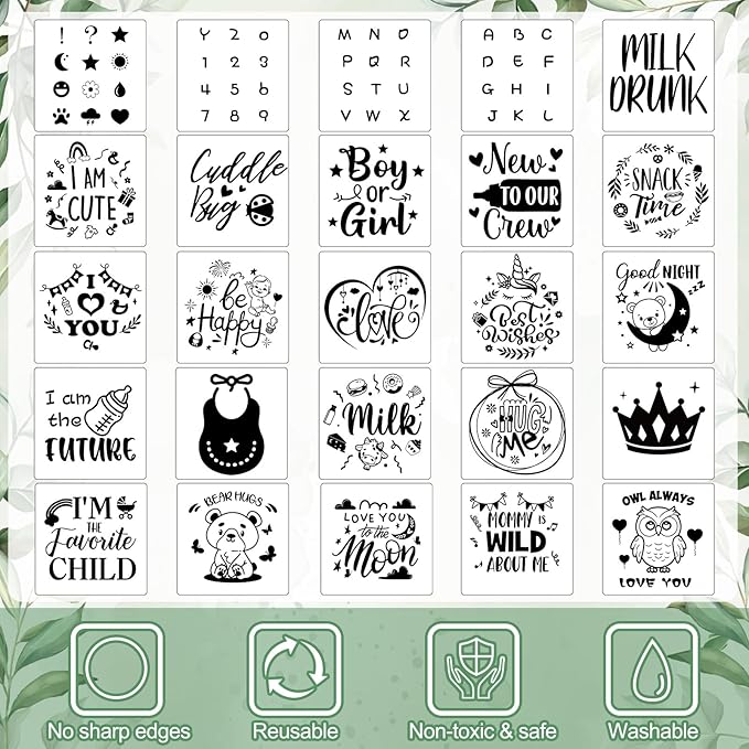 Panitay 126 Pcs Baby Shower DIY Bodysuit Set Rustic Kraft Baby Shower Game Sign DIY Bib 25 Blank White Newborn Bodysuit 25 Stencils 24 Marker 1 Sign 50 Pins for Gender Reveal(Greenery)