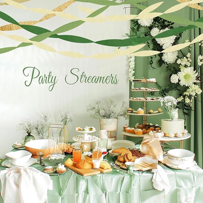 Green Gold Crepe Paper Streamers Party Decorations (5 Rolls) for Birthday, Camp Bachelorette, Baby Shower, Wedding, Bridal Shower, Jungle Safari Woodland Theme Party, Hanging Classroom Décor