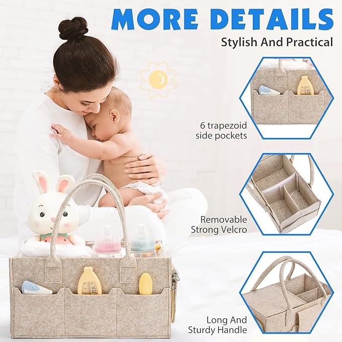 Maliton Baby Diaper Caddy Organizer with Handles, Felt Caddy for Changing Table, Newborn Essentials Bin with Lid