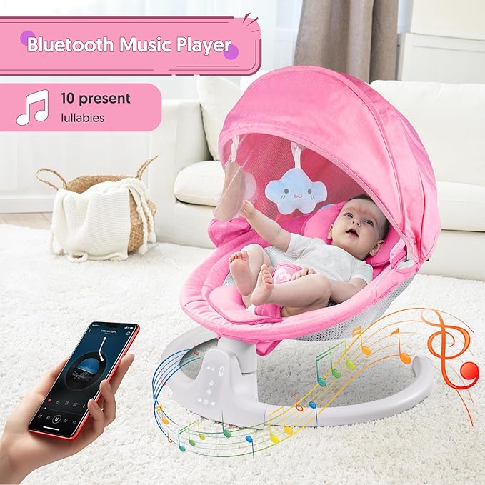Bluetooth Baby Swing for Infants, Compact & Portable Baby Swing for Girl, 3 Seat Positions, 5 Swing Speed, 10 Music, Remote Control, USB Plug-in Power, Reversible Cushion for All Seasons