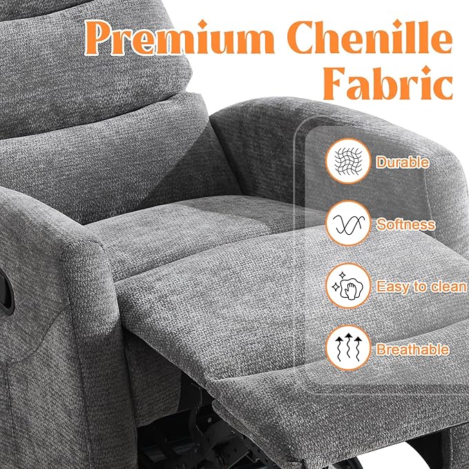 Manual Swivel Rocker Recliner Chair with Massage, Overstuffed Recliner Glider with Vibration Massage and Heat for Nursery, Living Room Reclining Sofa Chair, Fabric Dark Gray