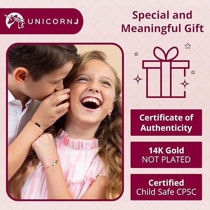 UNICORNJ 14k Gold ID Bracelet Engravable Girls Boys Kids Baby Infant, Personalized Figaro Curb Chain Name Bracelets for Babies Newborn Toddler Child Girl Boy Yellow Gold, Made in Italy