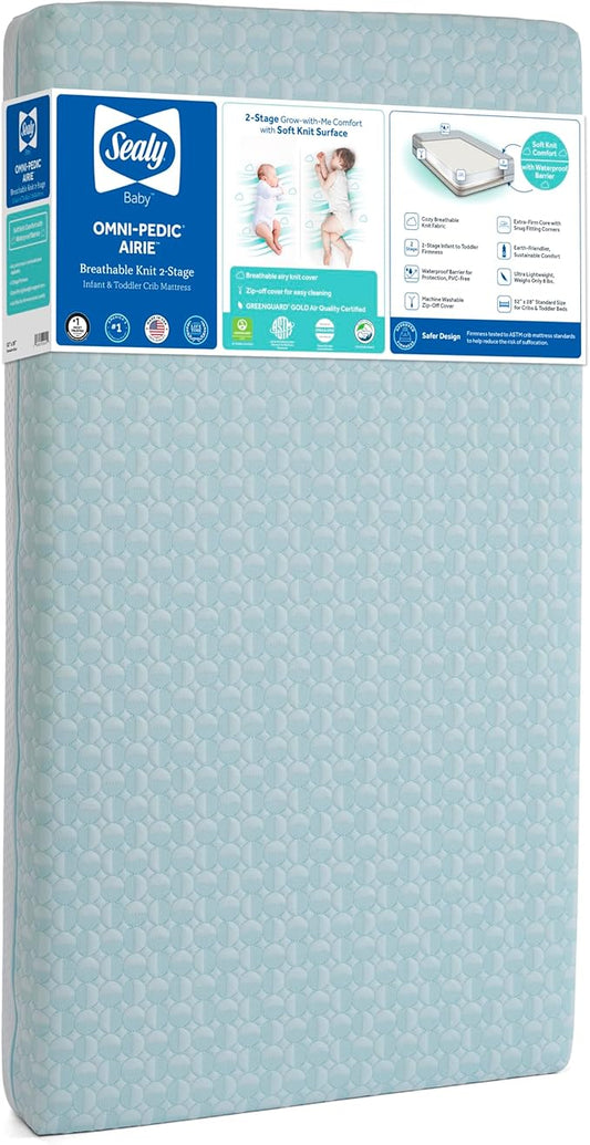 SEALY BABY OmniPedic Airie 2 Stage Breathable Crib Mattress, GREENGUARD Gold Certified, Made in USA, Toddler Bed Fit, Ultra Firm and Hypoallergenic, 52x28