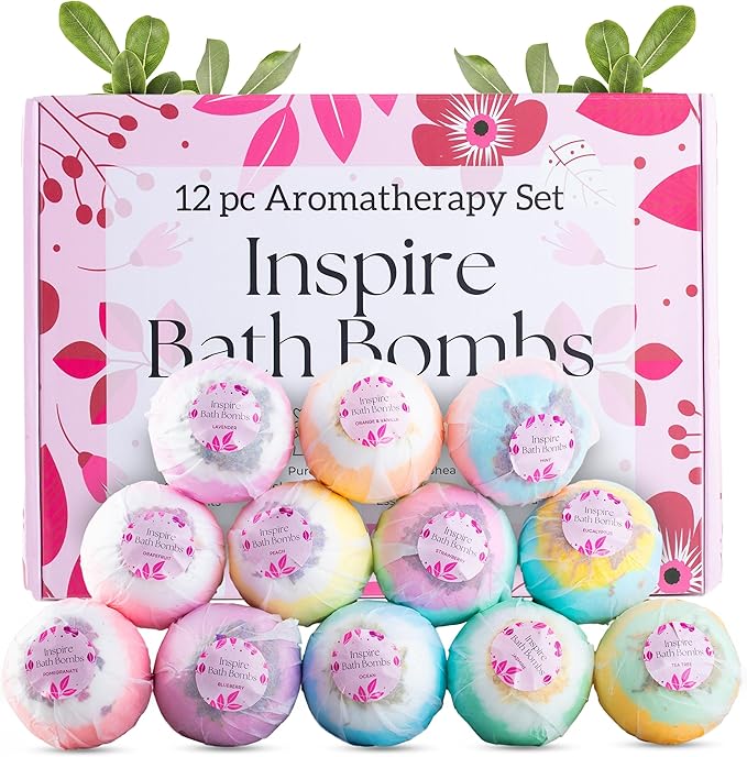 EvolutionUSA Inspire Bath Bombs for Women, 12 Gorgerous Flower Bath Bombs Topped with Dried Flowers, Luxurious Mother's Day Gift Set, Brithday Gift, Easter Gift or for Creating Lush Self Care Moment